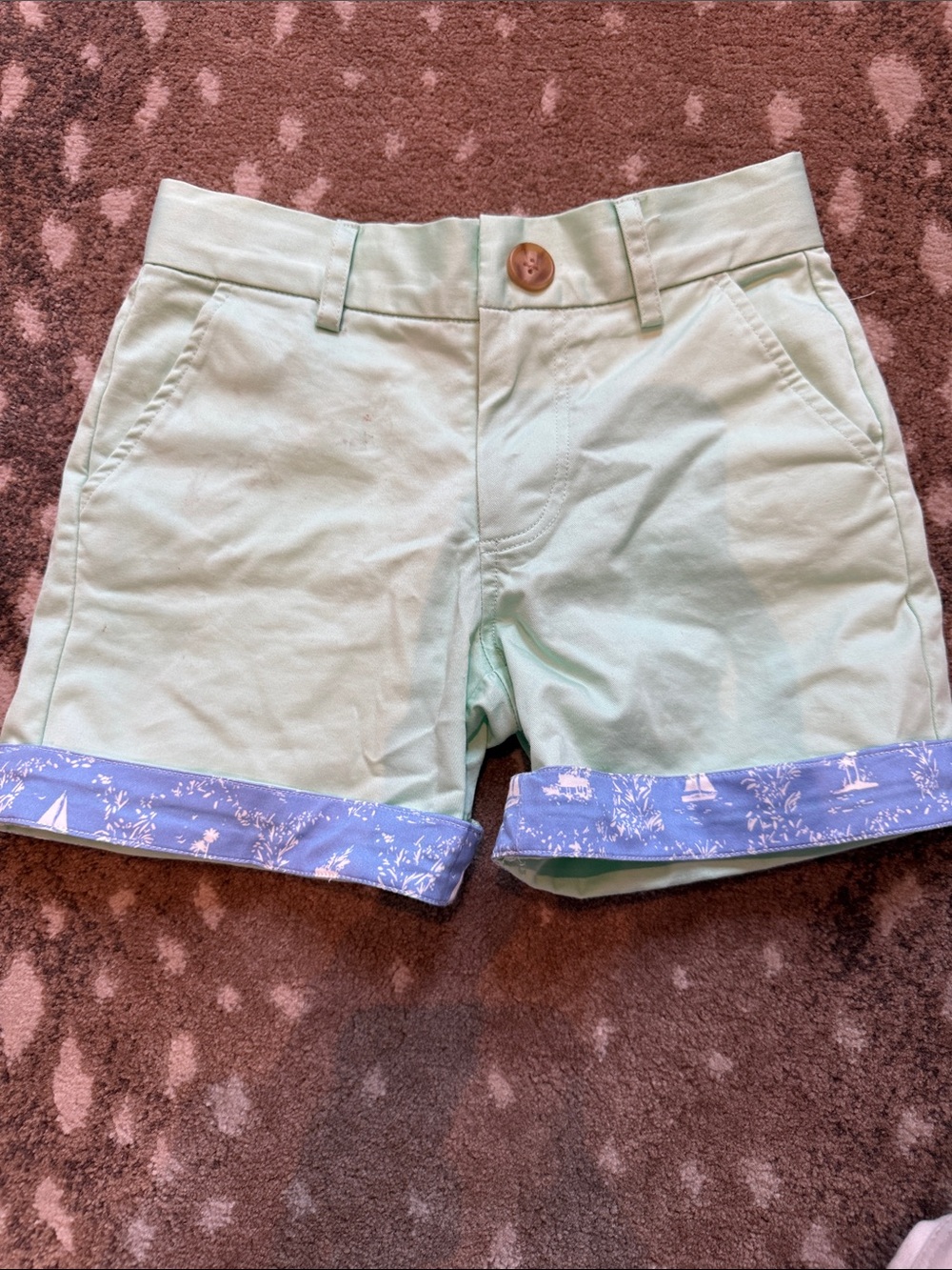 Boys Mint Green Cuffed Shorts with Sailboat Trim
